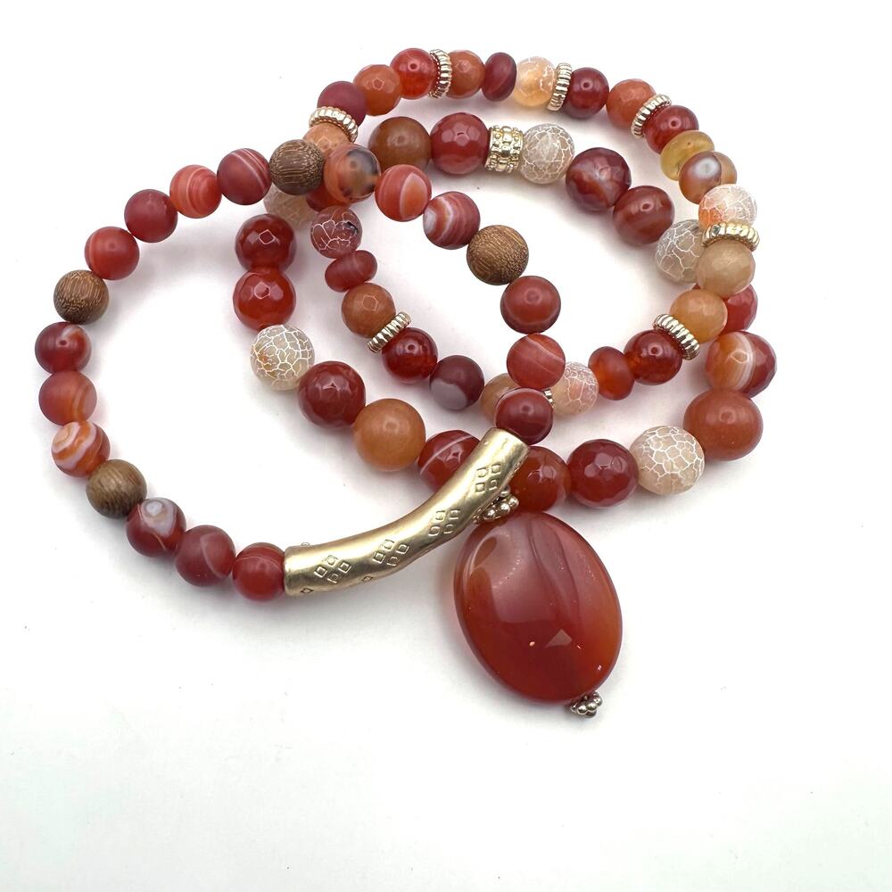 Carnelian Beads Bracelet Set of 3 Lot Orange Red Gold Boho Casual Beaded Jewelry